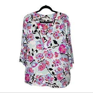 Chaus V-Neck Cold Shoulder Sleeve Casual Tunic Top Floral Pink Black Blue | L